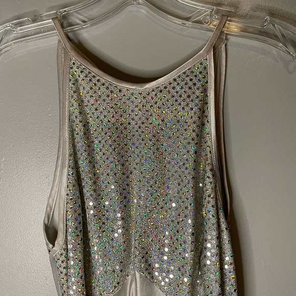 Silver Formal Dress with Sequin Top and Tie Back - Picture 4 of 13